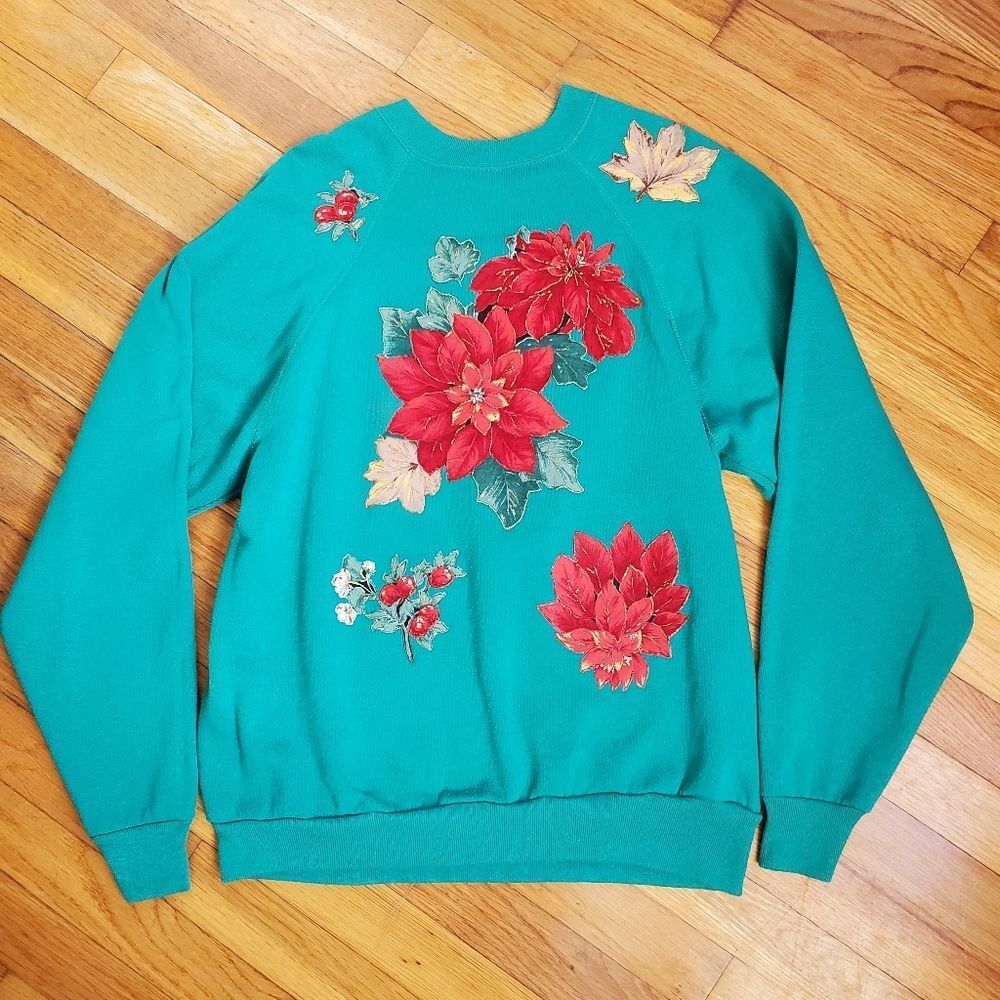 Vintage‎ Tultex floral crewneck sweater size large Christmas winter grandmacore